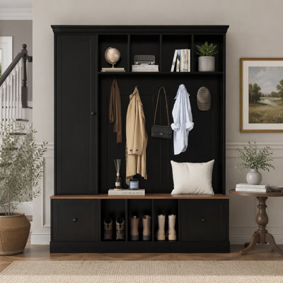 Farmhouse Hall Tree with Shoe Storage Bench, Multifunctional Entryway Coat Rack with Hooks, Adjustable Shelf Cabinet & Open Cubbies, Freestanding Mudroom Organizer for Hallway Living Room