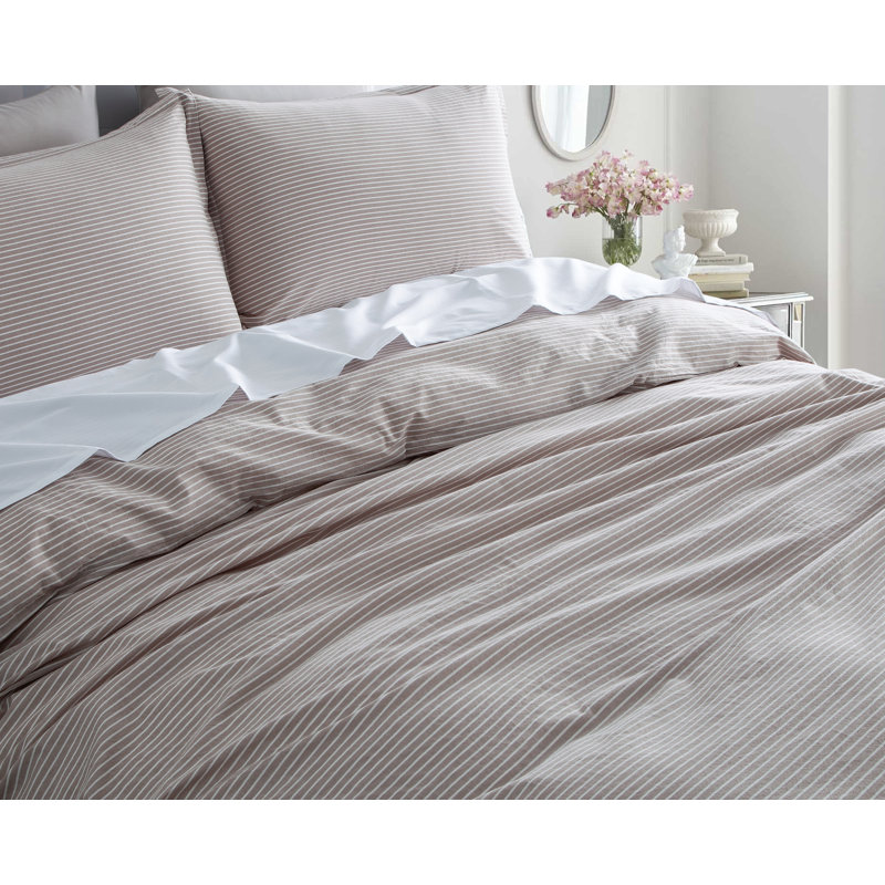 Allyssa Cotton Percale Striped Duvet Cover, Twin Duvet Cover + 1 Pillow Sham, Tan