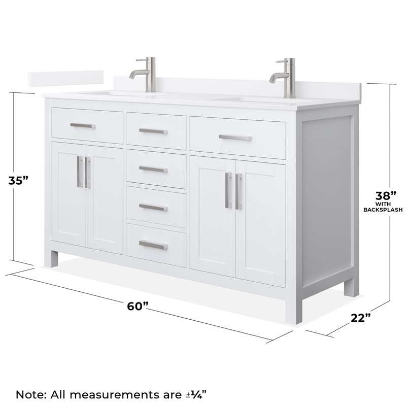 Beckett 60" Freestanding Double Bathroom Vanity with Quartz Top, White, Brushed Nickel, White Quartz