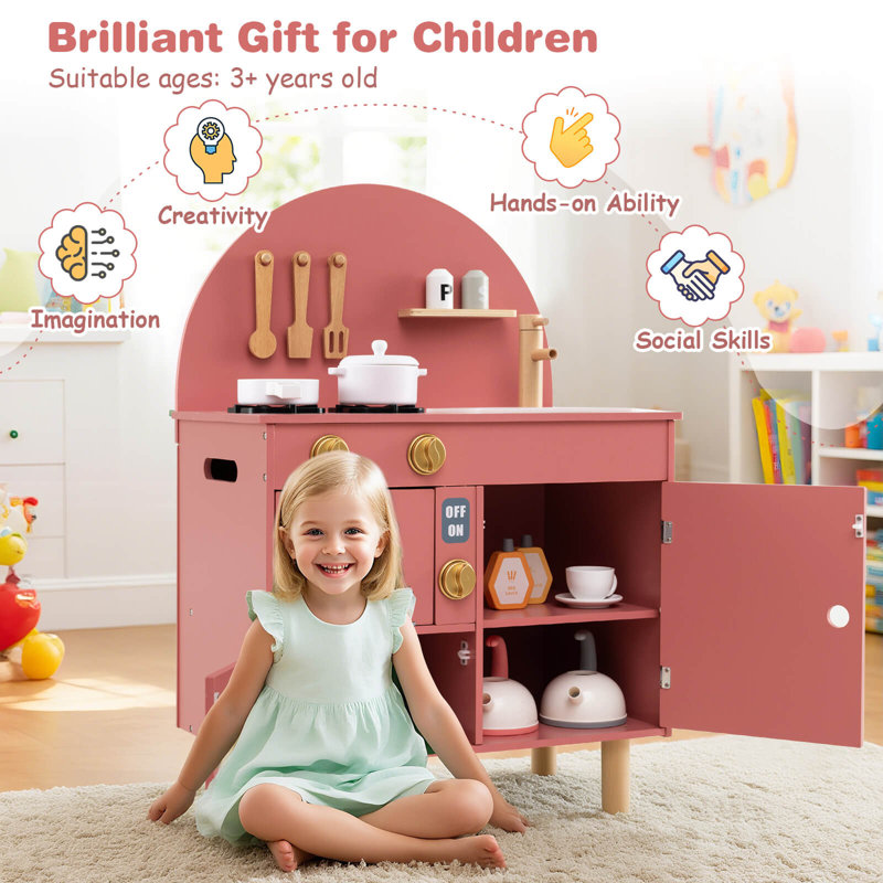 Play Kitchen for Kids with Stoves Faucet Sink Microwave Oven Cooking Accessories Pink, Pink