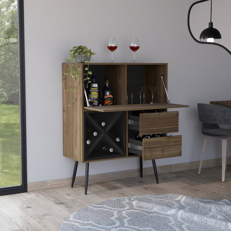 Armoire de bar 4 tiroirs noir en acajou et 4 bouteilles Wengue