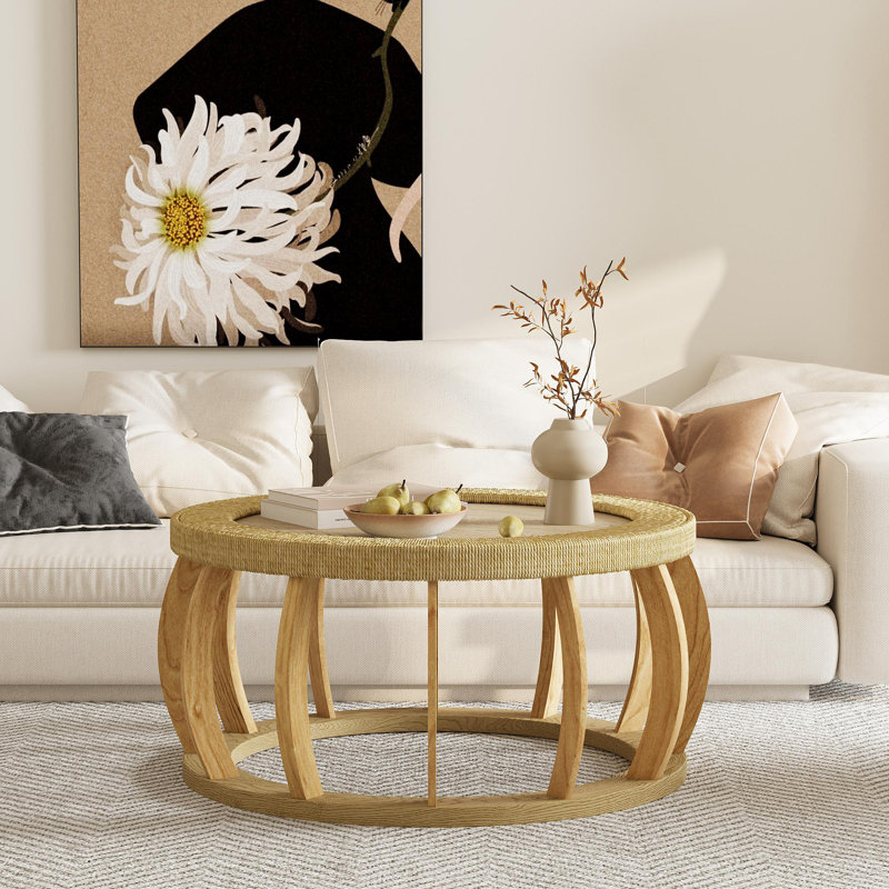 Table basse ronde ronde en bois massif de 35,43 po avec pieds courbés et table d'appoint Boho pour salle à manger, cuisine et salon, naturel