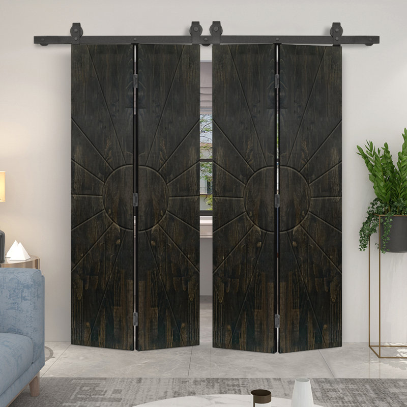 Porte de grange double pliante en bois de pin teinté avec quincaillerie coulissante, Noir anthracite, 68 po x 80 po