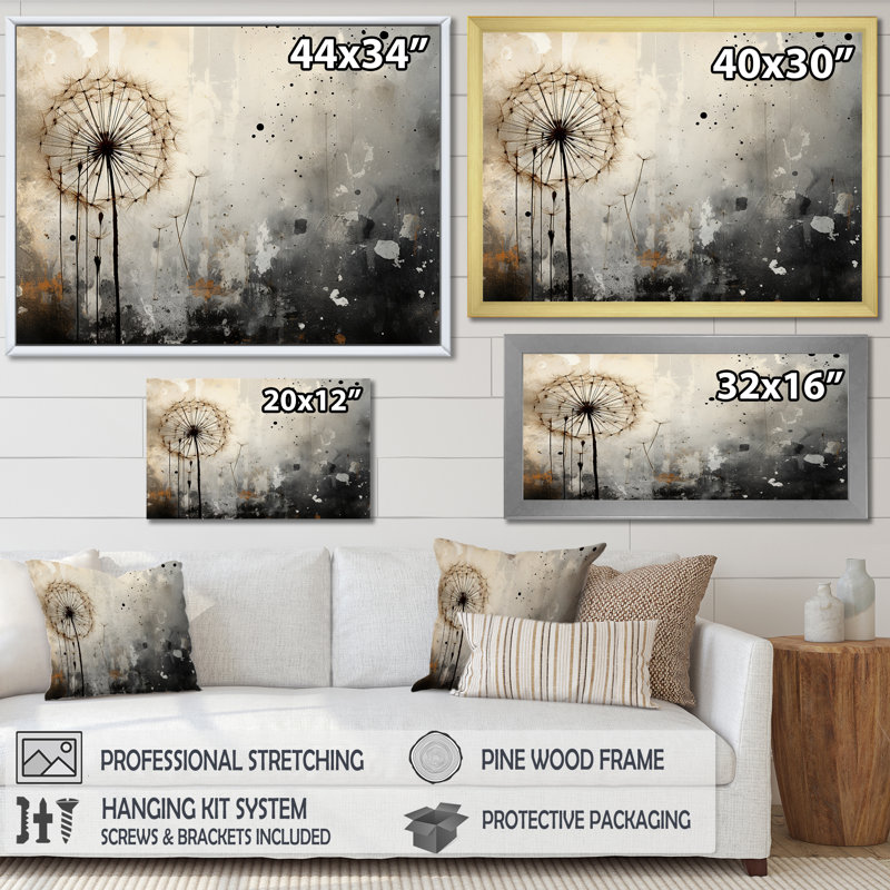 Dandelion Mute Tone V sur toile, Cadre simple noir, H 12 po x l 20 po x P 1 po