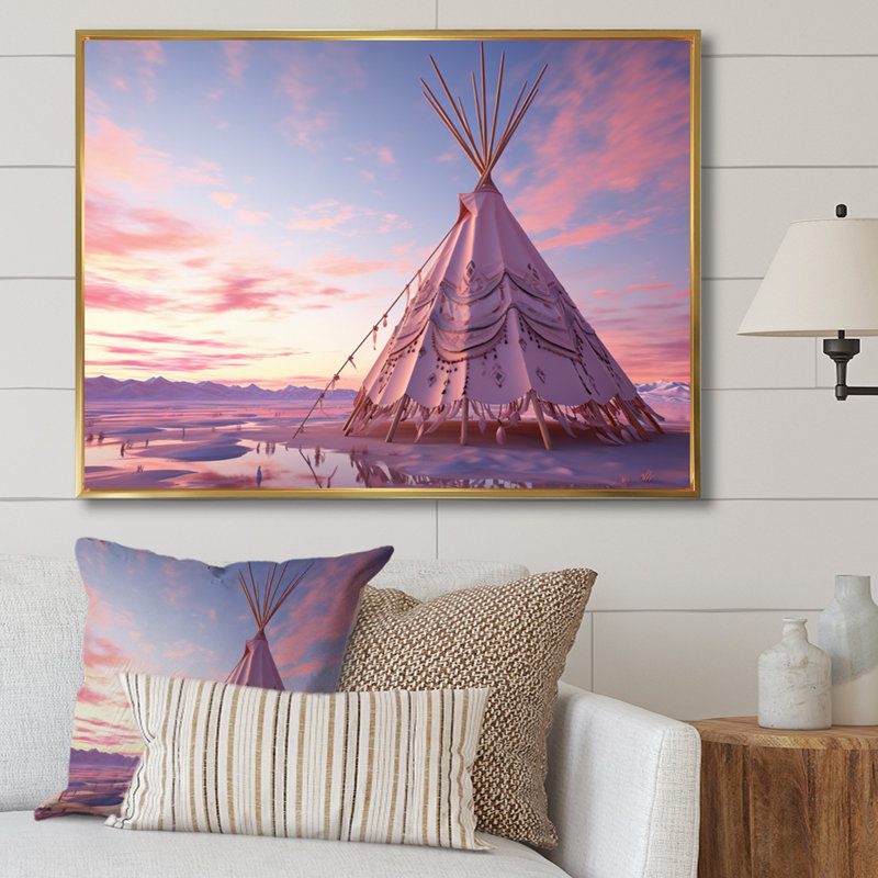 " Purple Native Tipi Dreamcatcher Whispers I ", Cadre flottant doré, H 12 po x l 20 po x P 1 po