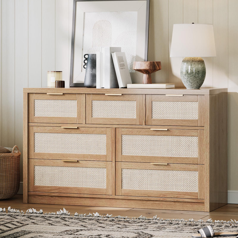 Rattan 7 Drawer Dresser for Bedroom, Wide Wood Chest of Drawers with Gold Handles Storage Organizer, Natural