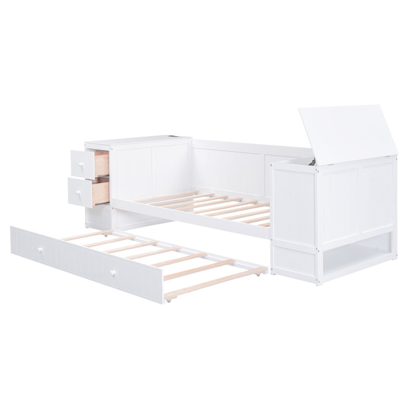 Lit de jour avec accoudoirs et chargeur, lit gigogne escamotable, Blanc