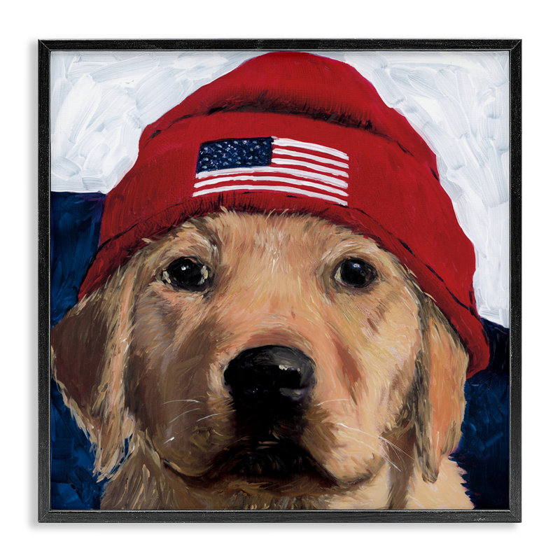 American Dog in Hat, estampe numérique, design par Wani Pasion, Giclée encadrée noir minuit, H 12 po x l 12 po