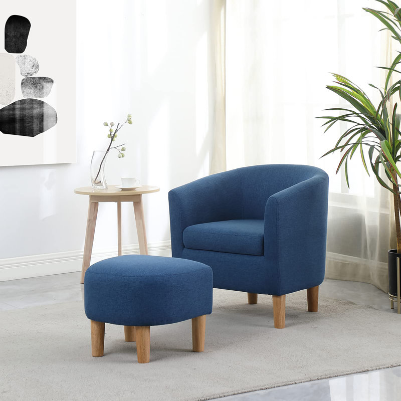 Upholstered 27" Wide Barrel Chair with Ottoman, Blue Linen Blend