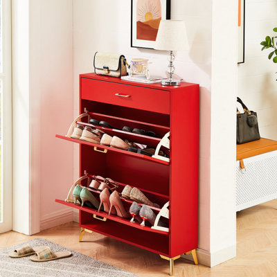 2 Flip Drawers Shoe Organizer Cabinet For Hallway - Red, Space Saver, Red Storage Drawers, Hidden Rack, Saving,