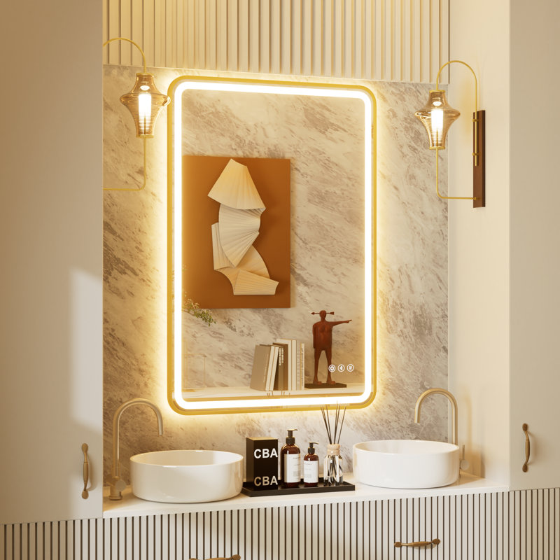 Miroir de salle de bain à DEL avec haut-parleurs Bluetooth, anti-buée et à intensité variable 3 couleurs, fonction de mémoire, miroir de meuble-lavabo pour salle de bain avec éclairage avant et arrière
