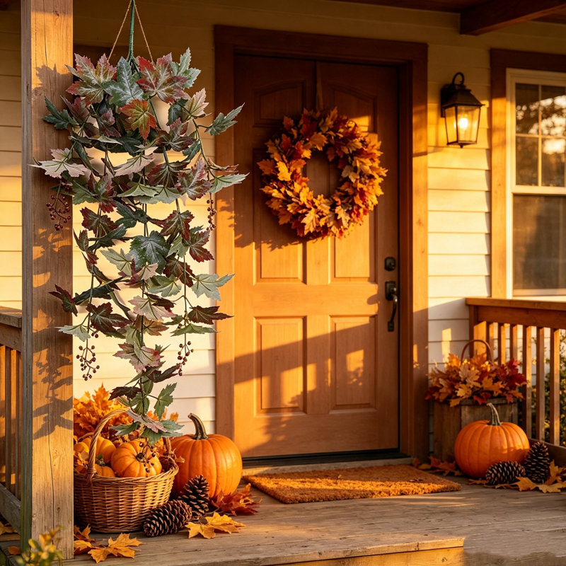 Décoration d'automne pour l'Action de grâce, sapin suspendu en forme de feuille d'érable, plantes vertes, suspension murale en rotin.