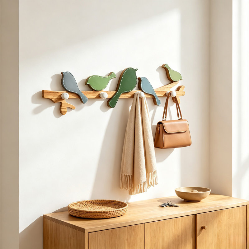 Crochet mural décoratif en bois naturel couleur oiseau, pour manteaux et chapeaux, idéal pour la maison et les commerces., A