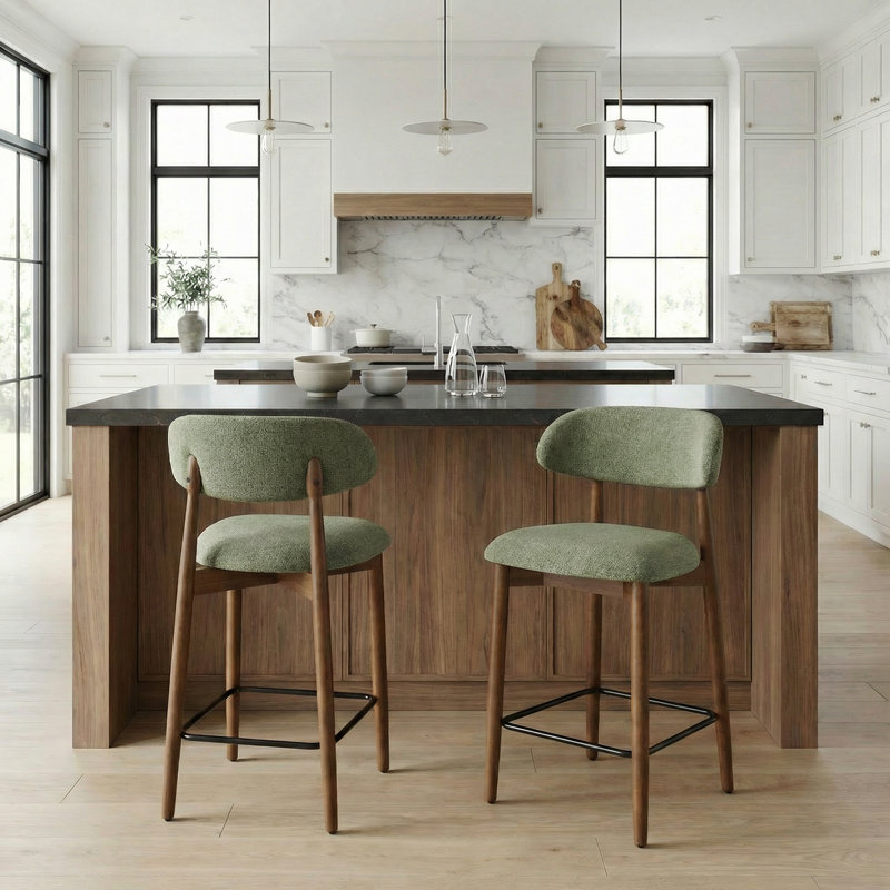 Chaise rembourrée en bois massif avec tabouret, Brun