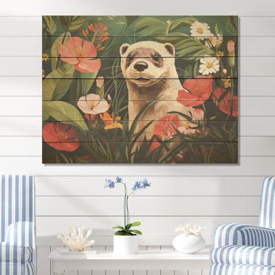 Playful Otter In Tropical Blooms I - Otter On Wood Print