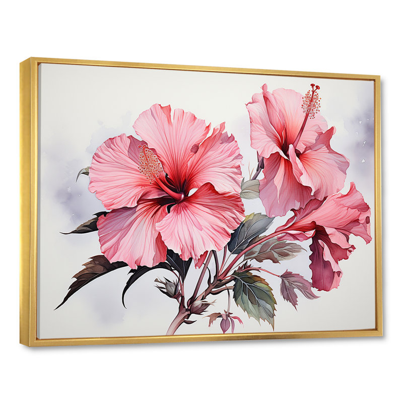 Hibiscus rose, H 30 po x l 40 po x P 1,5 po, Cadre flottant doré