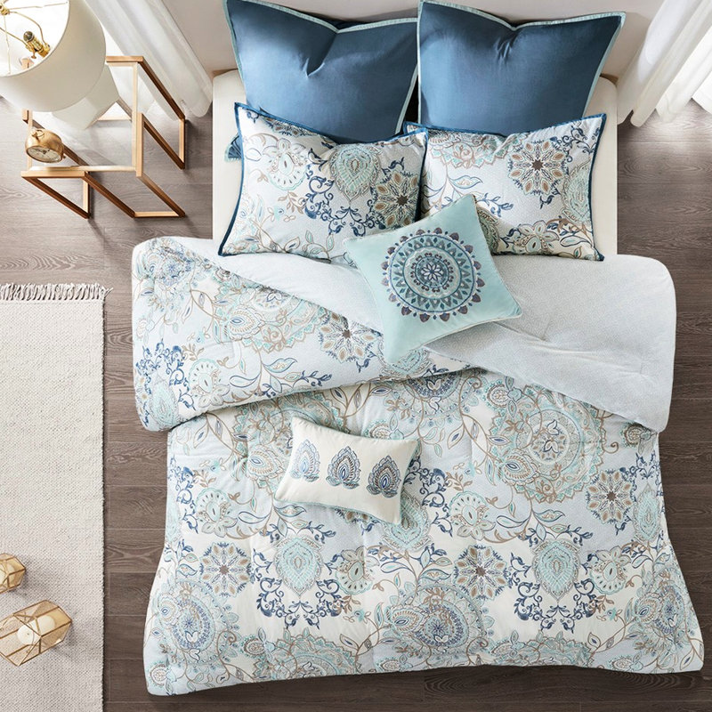 Édredon réversible en coton grand bleu 8 pièces - Style, imprimé médaillon, réversible lavable à la machine, motif géométrique, jupe de lit de couleur unie,