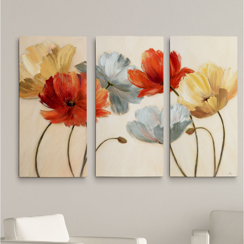 Palette de coquelicot revisitée - 3 pièces sur toile, H 32 po x l 48 po x 1,5 po