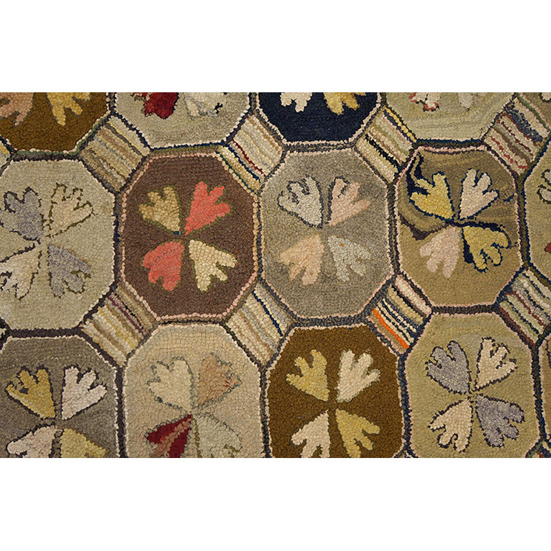 Neutral Earthy Color Antique Geometric American Folk Art Design Hooked Rug