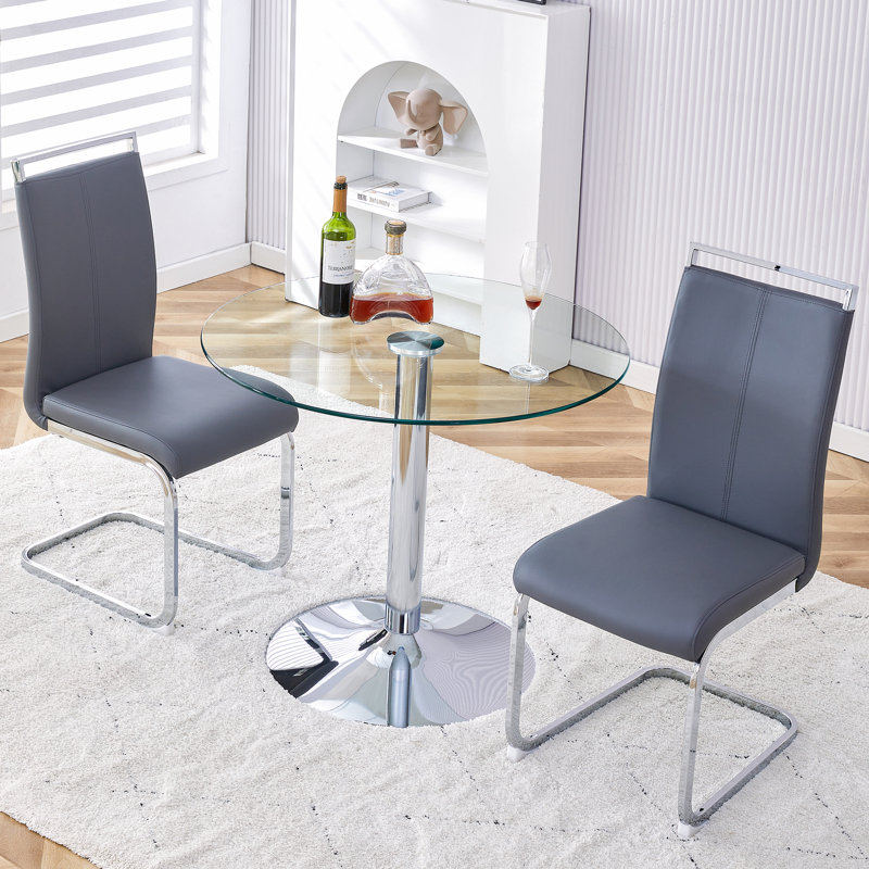 Ensemble de table et de chaises: table de salle à manger ronde en verre de 35 po avec base argentée et 2 chaises de pub gris foncé, pieds en métal