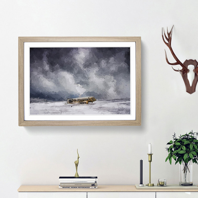 Solheimasandur Plane Wreck in Abstract - Picture Frame Graphic Art Print, 62cm H x 87cm W x 2cm D, Oak Framed