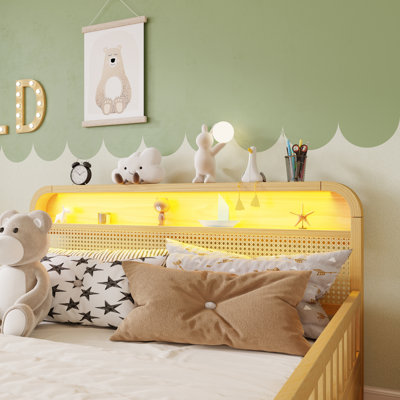 Full Rattan Bed Frame LED Storage Headboard Platform Bed Safety Guardrails Bedroom Furniture Natural