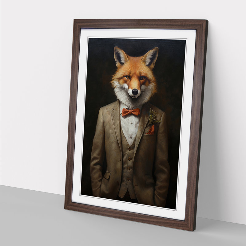 Fox In A Suit Painting No.2 - Single Picture Frame Print on Wood, Walnut, 64cm H x 46cm W x 2cm D