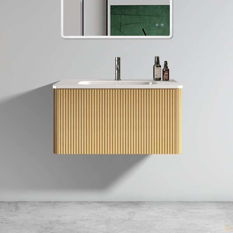 30" Striped Bathroom Vanity With Ceramic Sink, Wall Mounted Floating Bathroom Vanity, 30", Oak