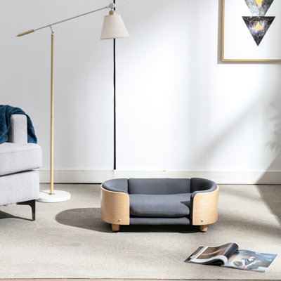 Elevated Pet With Modern - Century Scandinavian Design, Solid Oak Legs, Dark Grey Rebound Foam, Waterproof And Stain , Fast Installation Small Dog Bed In Contemporary Wood Legs Bent Back, Breathable