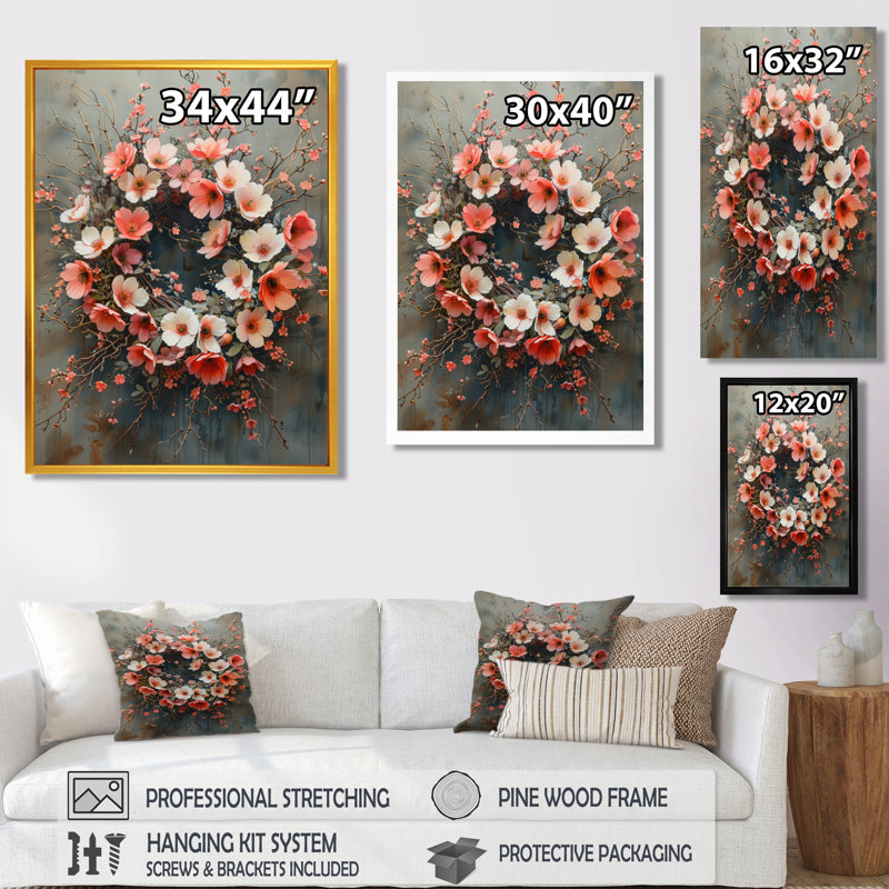 «Pink White Whispers Of Spring Wreath I», reproduction d'art murale, Encadrement argenté, H 16 po x l 32 po