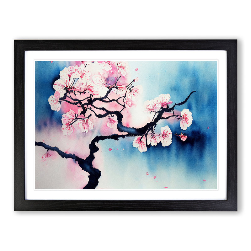 Cherry Blossom Watercolour Flowers Vol.2 - Single Picture Frame Painting, 46cm H x 64cm W x 2cm D, Black Framed