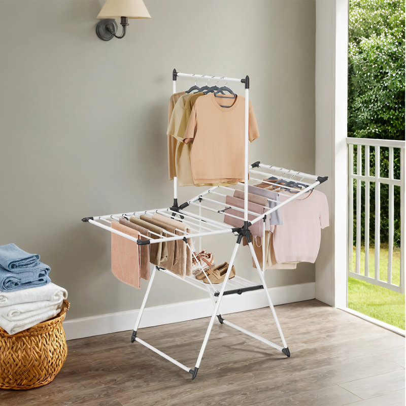 Clothes Drying Rack, Foldable 2-Level Laundry Drying Rack, Free-Standing Airer, Tall Hanging Bar, 2 Height-Adjustable Wings, 24 Drying Rails