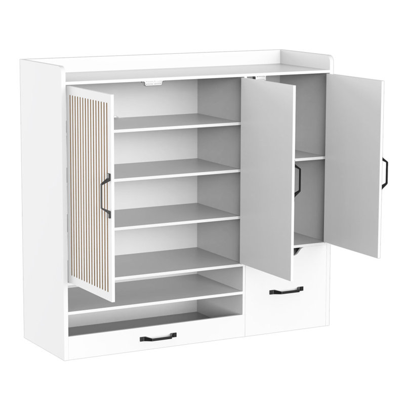 Armoire à chaussures multifonctionnelle avec tablettes réglables, tabouret et tiroir rétractable, offrant un rangement flexible pour divers articles et une conception peu encombrante