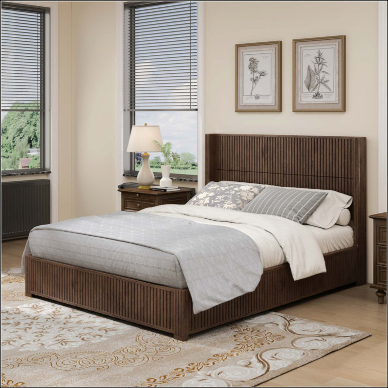 Structure de lit plateforme en bois avec tête de lit, aucun sommier requis, lit sur pied, assemblage facile, Walnut, Queen