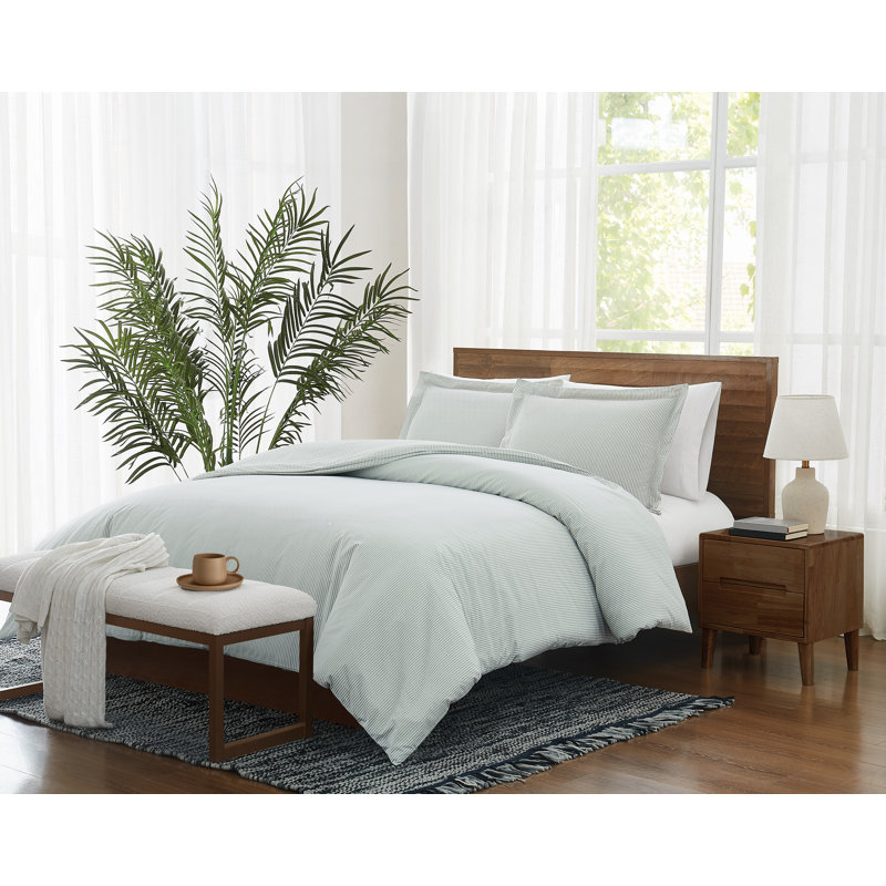 Brooklyn Loom Pinstripe Comforter Set, White/Sage Green, Queen Comforter + 2 Standard Shams