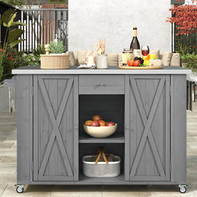 Farmhouse 52.25" Outdoor Kitchen Island,Solid Wo od Grill Cart with Stainless Steel Top
