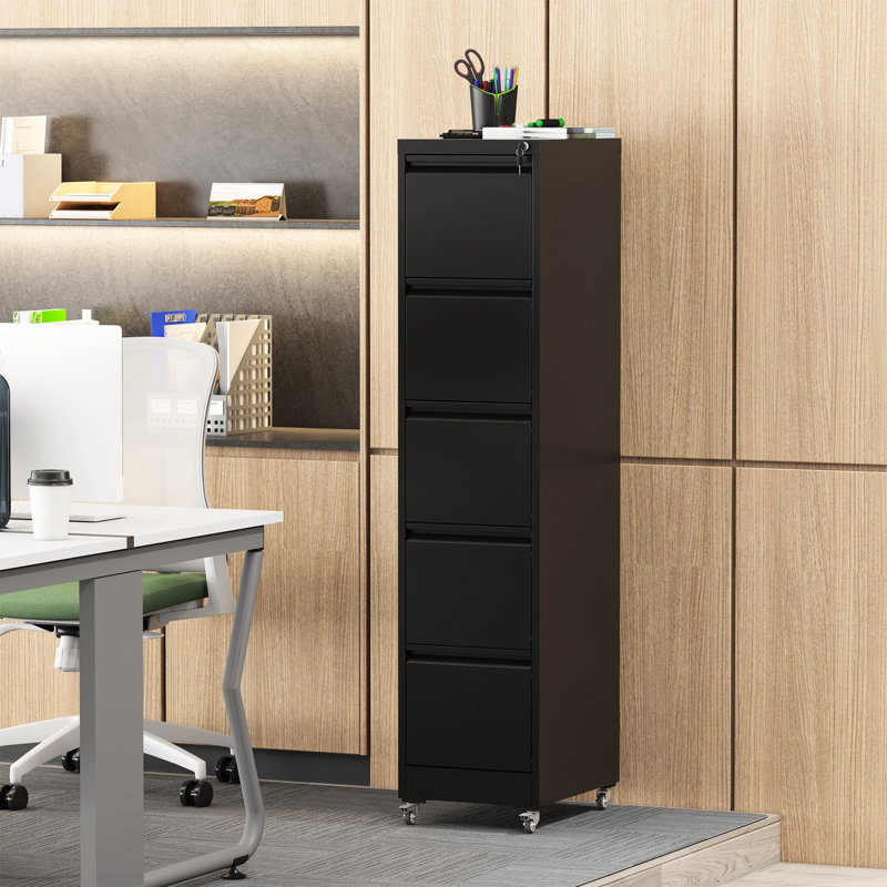 5 Drawer Vertical File Cabinet With Wheels And Lock For Office, High - Capacity Storage, Adjustable Rods A4/Letter/Legal Folders, Quiet Bearing Slides, Easy Mobility Black, On Wheels, Security