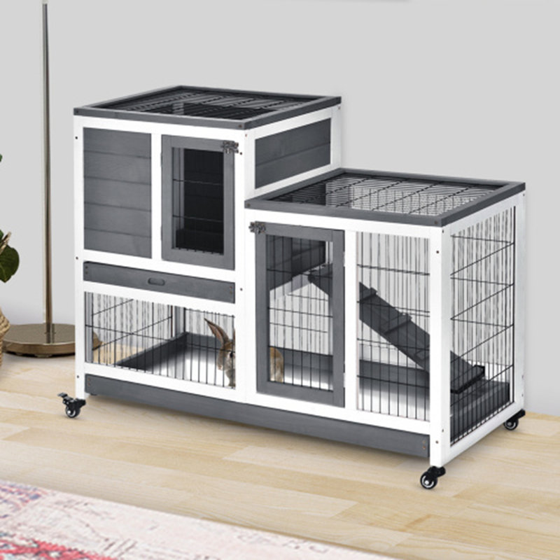 Wooden Rabbit Hutch Elevated Bunny Cage Indoor Small Animal Habitat with Enclosed Run with Wheels