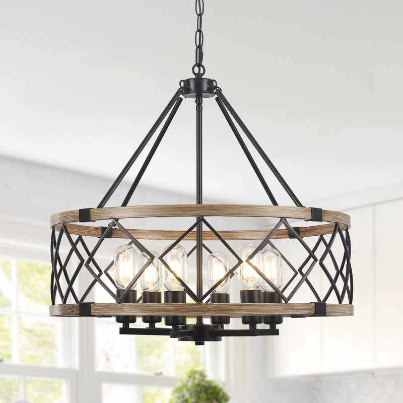 Plafonnier géométrique de ferme à 6 lumières à intensité variable 21,65 po Williston Forge, Noir / grain de bois, 6