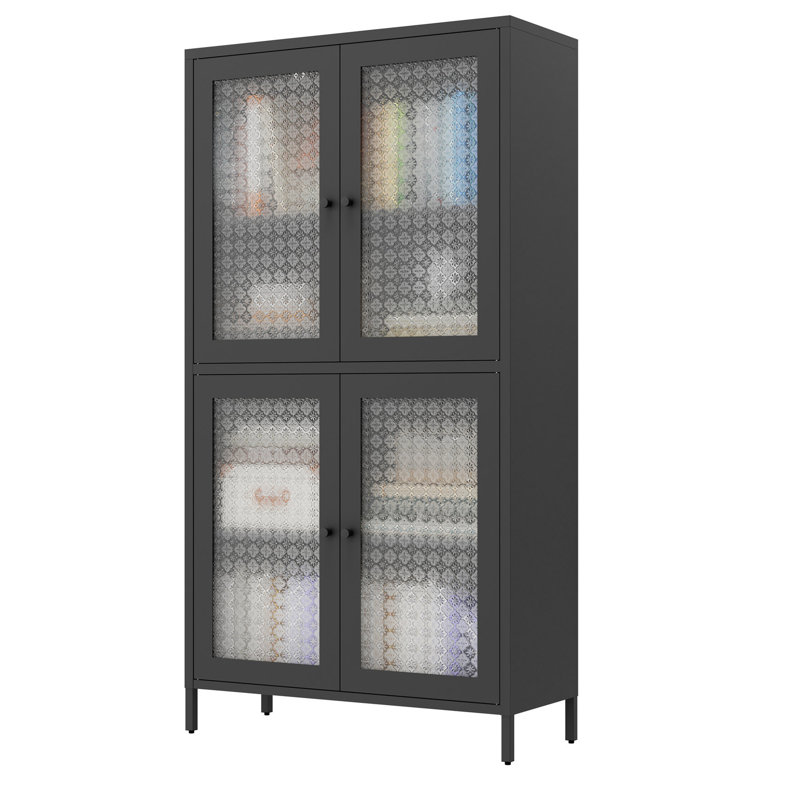 Armoire en métal noir avec 4 tablettes et portes en verre trempé - autoportante pour le bureau, le salon, la cuisine