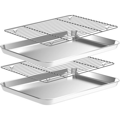 2-Pack Baking Sheets with Wire Racks – Stainless Steel Cookie Sheets, Non-Toxic & Heavy Duty, Easy Clean, 12" x 10" x 1" Quarter Sheet Pan Set