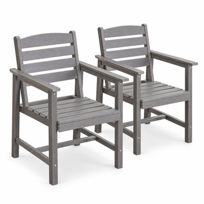 Patio Dining Chairs Set of 2, HDPE Outdoor Armchairs with Slatted Back, Curved Top Rail & Slatted Seat, Weather Resistant & Easy to Clean, Gray Finish for Garden Patio Balcony
