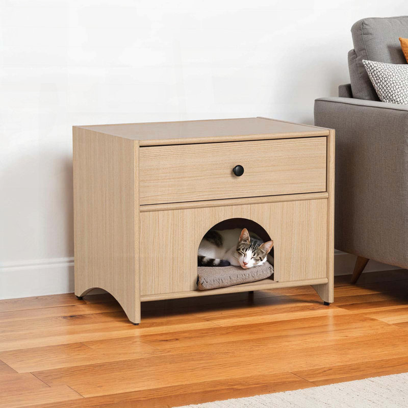 Table d'appoint Mid-Century avec coin pour animaux et tiroir - finition naturelle