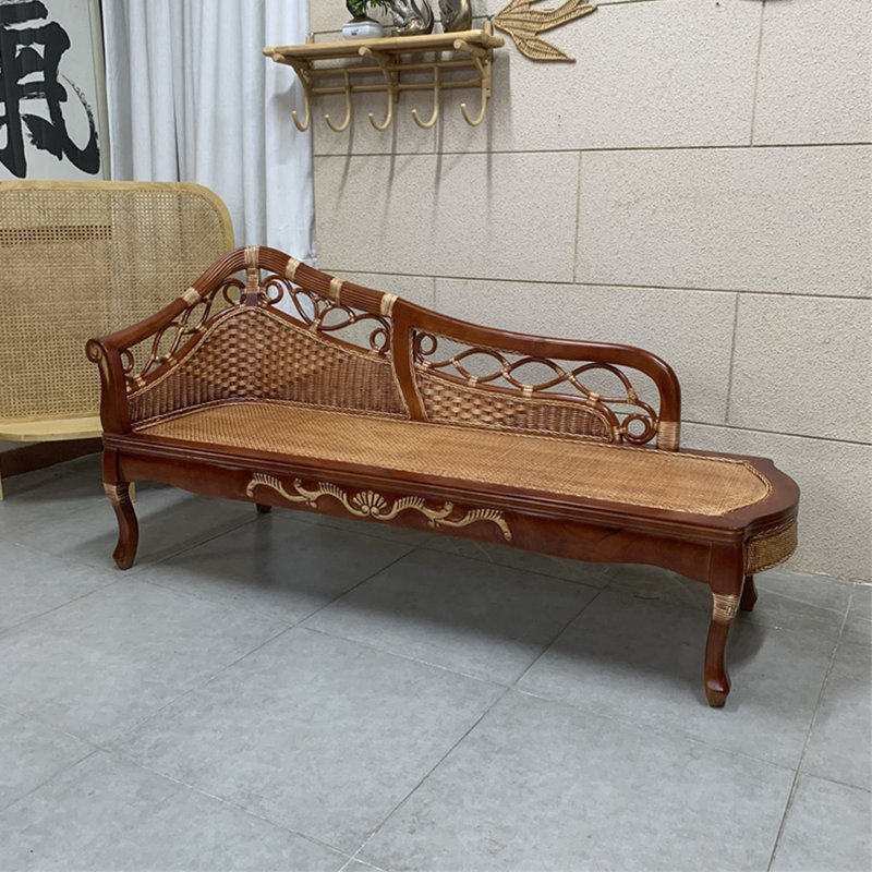 Natural solid wood carved rattan chaise lounge, Left Hand Facing, Reddish Brown