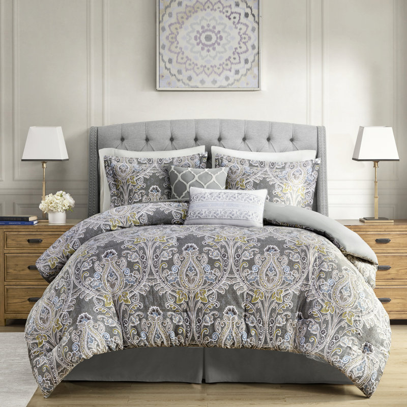 Édredon gris en coton 6 pièces - Motif séduisant avec détails bleu et jaune, Édredon double et 5 pièces supplémentaires