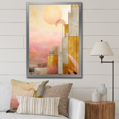 Pleine lune, paysage urbain, rétro, rose doré, aquarelle I - reproduction d'art sur toile abstraite