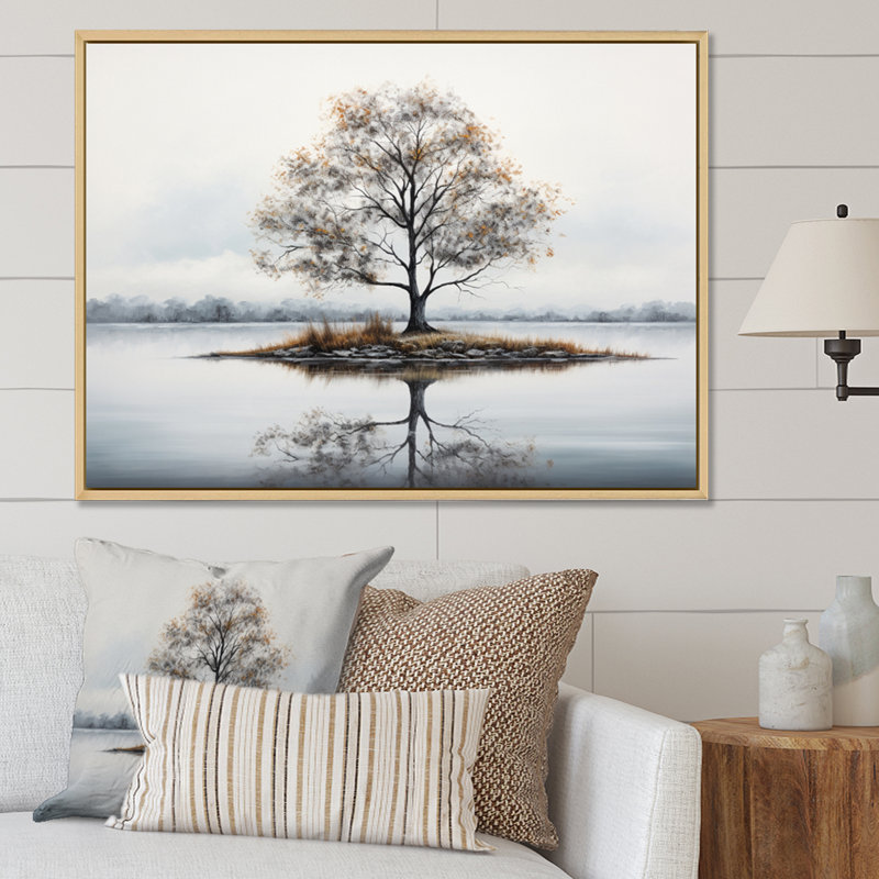 " Gray White Minimalism Tree Ink Harmony IV " Mixed Media Print, 34" H x 44" W x 1.5" D, Natural