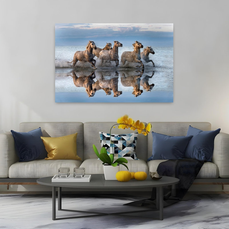 Wild Horses Running Water Contemporary Horse Nature Ocean Wall Art Print 1 Piece Wrapped Canvas Wall Art