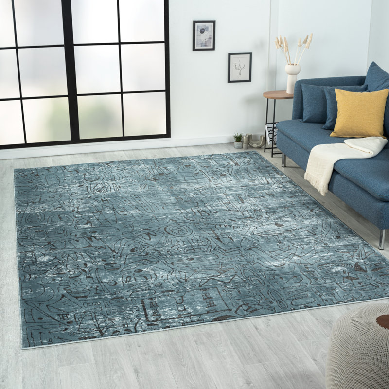 Polyester bleu tissé à la machine Detisha, Rectangle 8 pi 7 po x 11 pi 6 po