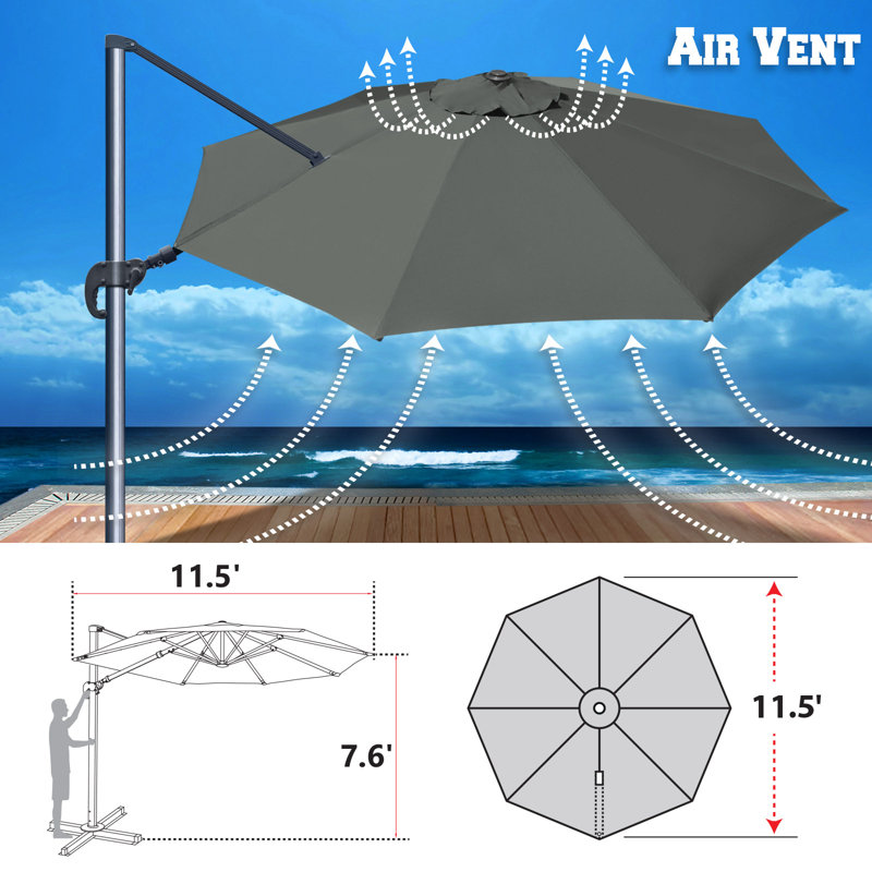 11.5'Deluxe Round Cantilever Patio Umbrella Outdoor Off-Set, 138" Hanging Umbrella Tilt & 360 Rotation Patio Heavyduty Sunshade Grey